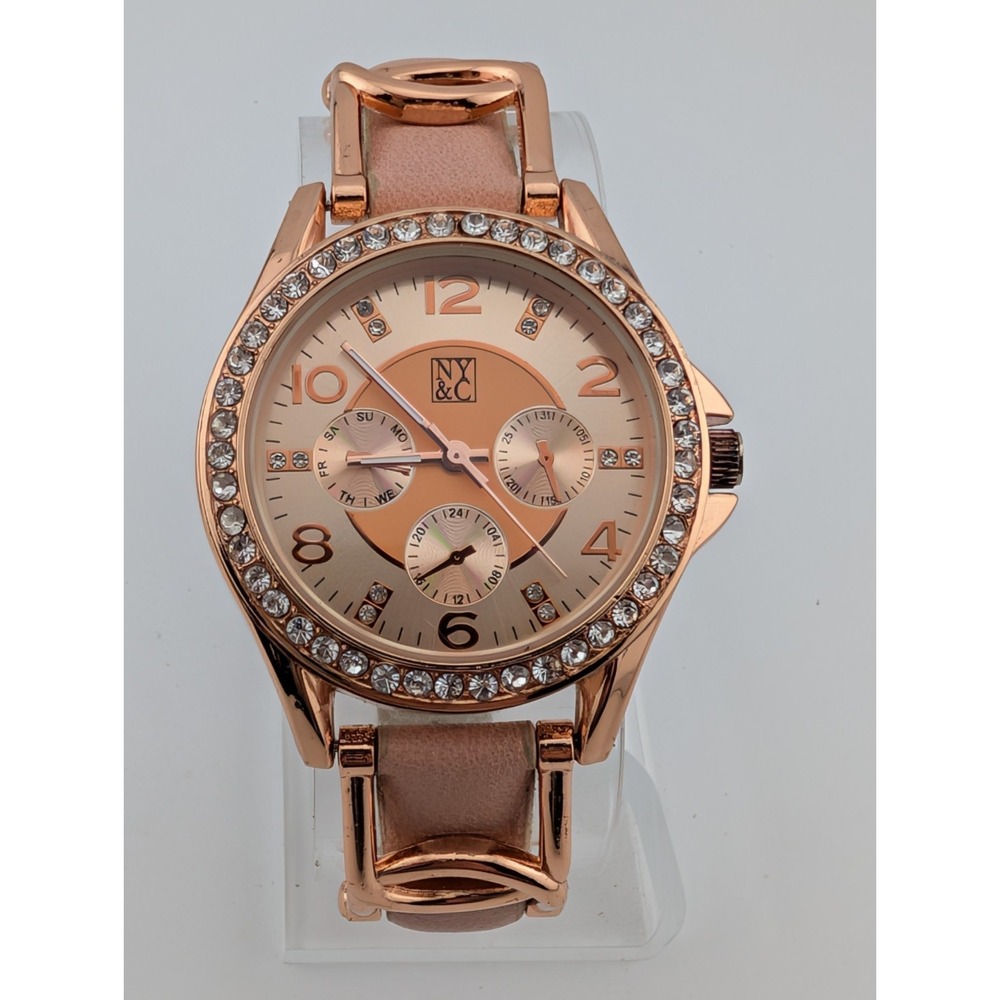 NY&C Watch Women 38mm Rose Gold Case Pink Faux Leather Band- New Battery